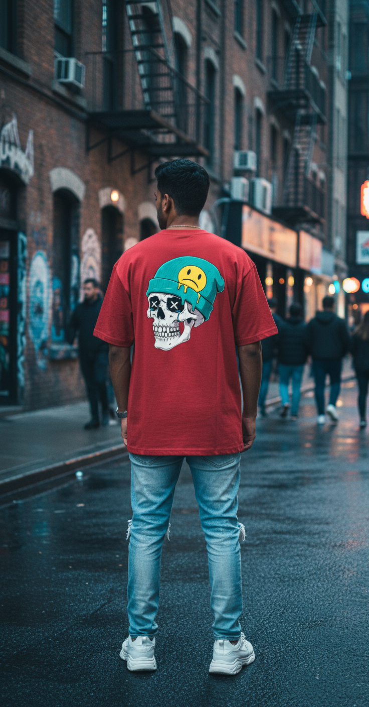 Oversized Red T-Shirt with Skull and Beanie Graphic – Urban Graphic Streetwear for Men