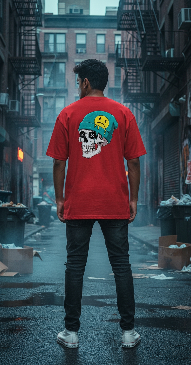 Oversized Red T-Shirt with Skull and Beanie Graphic – Urban Graphic Streetwear for Men