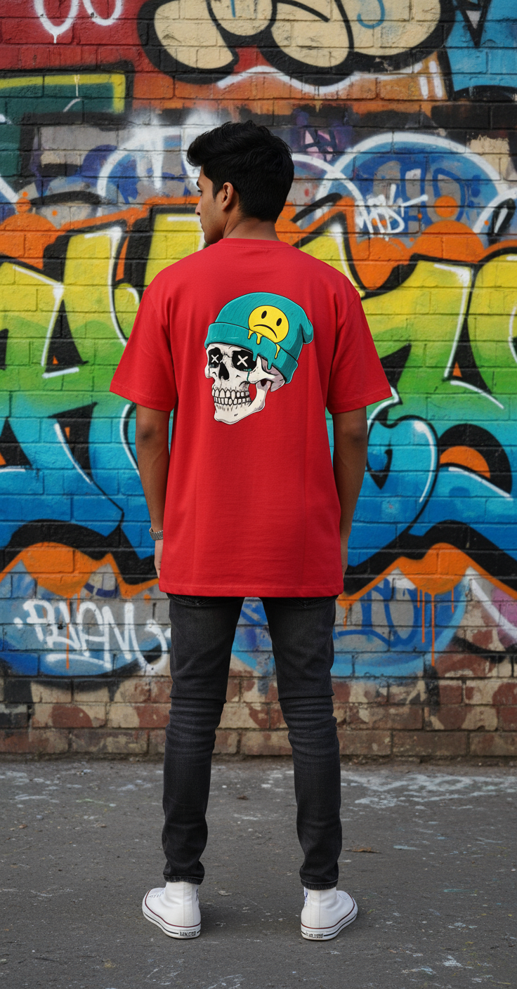 Oversized Red T-Shirt with Skull and Beanie Graphic – Urban Graphic Streetwear for Men